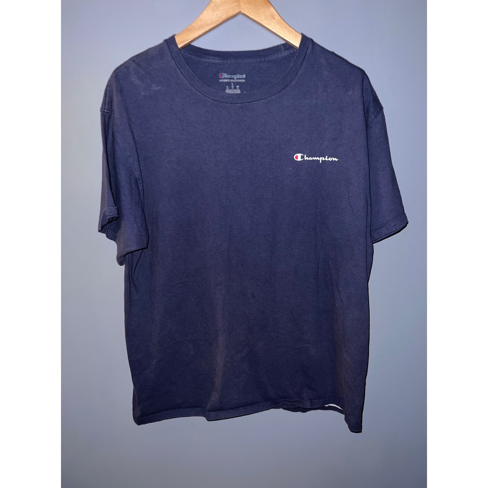 Champion Mens Navy Blue Script Logo Graphic T-Shirt‎ Size Large Athletic